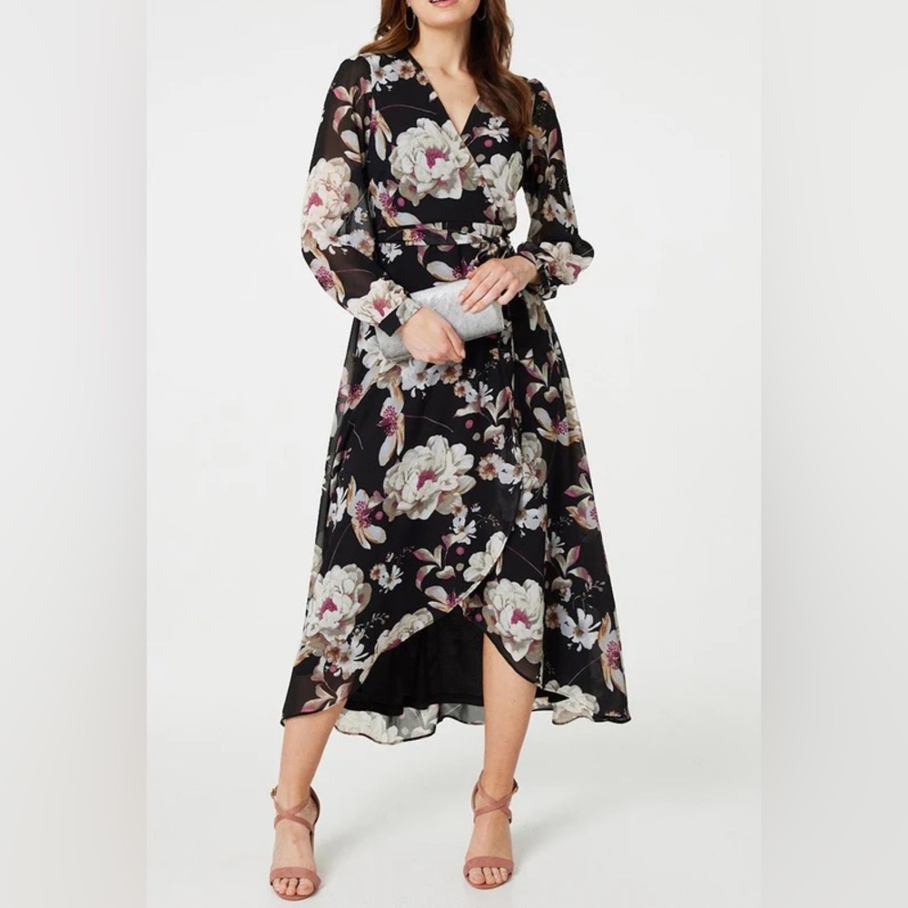 New Lulus Black Floral Blissful Thinking High-Low Wrap Dress Size Small bin 4H